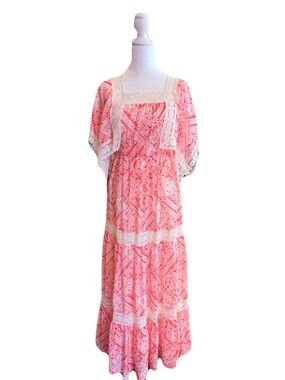 Vintage Boho Lace-Trim Maxi Dress in red, pink and white